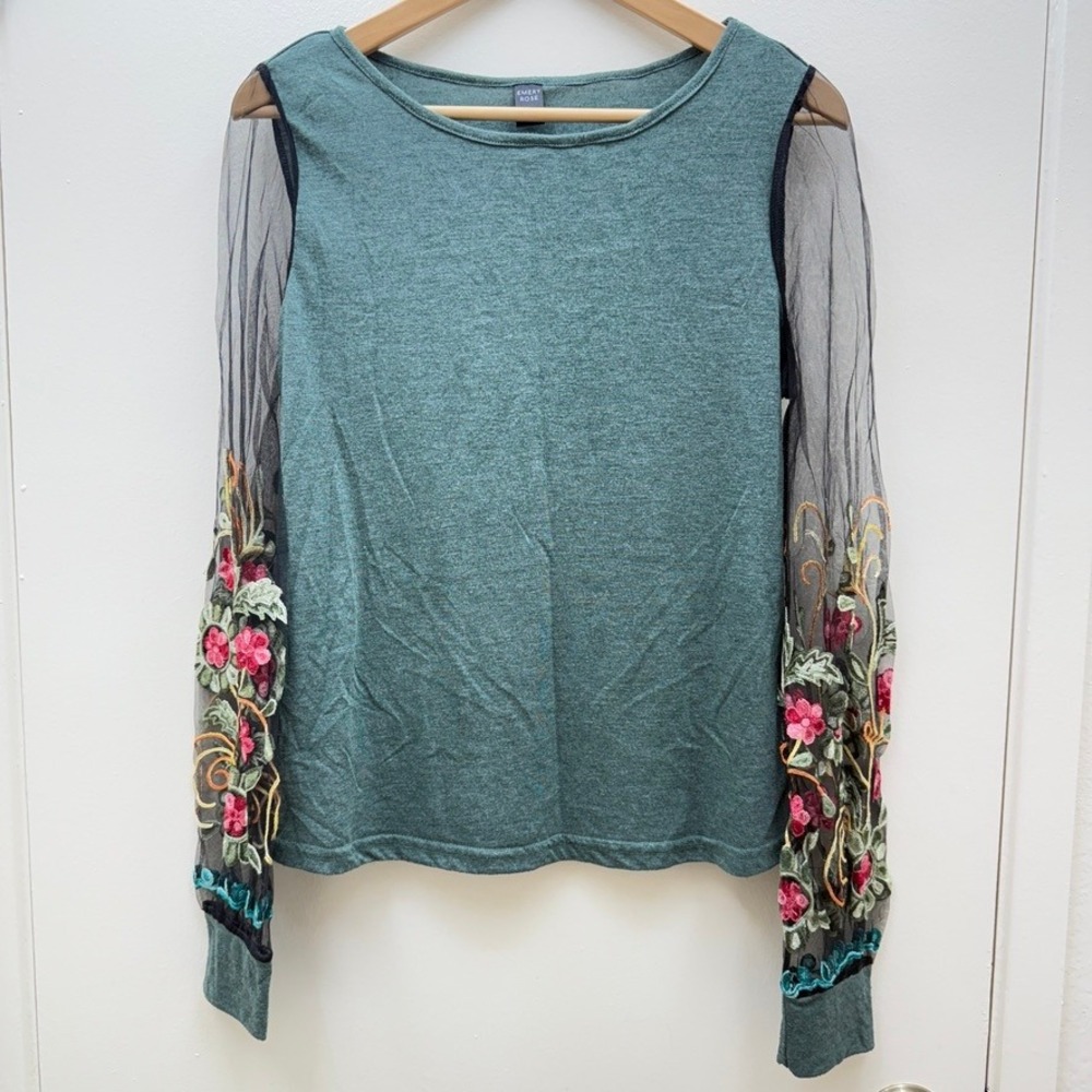 Emery Rose Teal Floral Embroidered Sheer Long Sleeve Top Size S Fairy Feminine‎